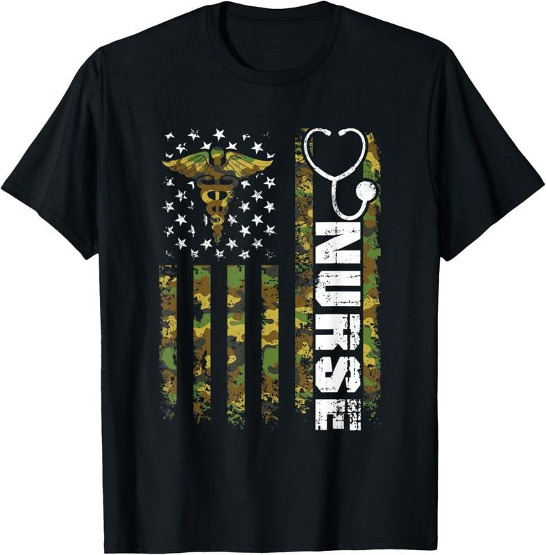 100% Cotton American Flag Camouflage Nurse Patriotic 4th Of July T-Shirt