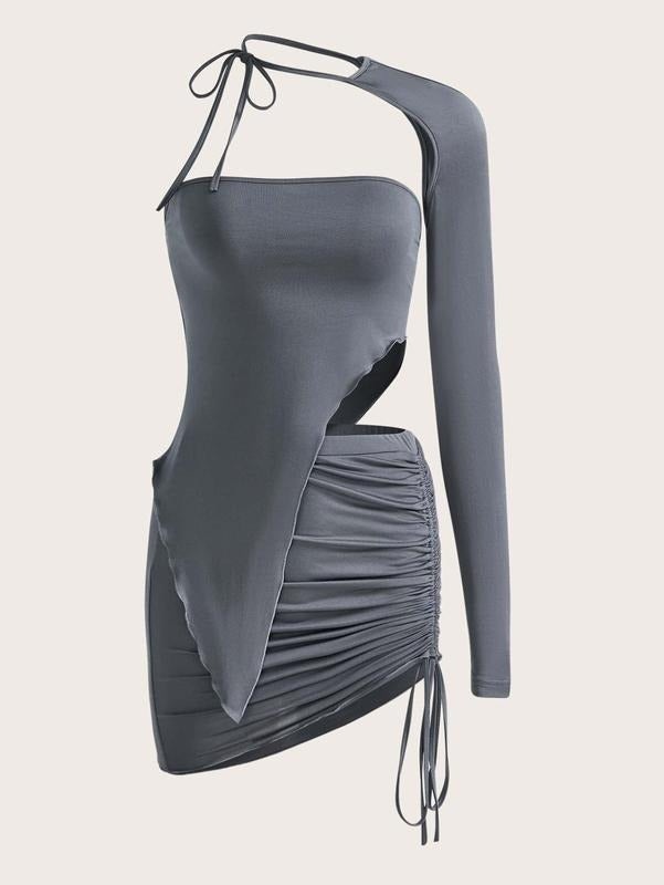 3 Piece Outfit Y2K Tube One Shoulder Top Shrug and Drawstring Ruched Bodycon Mini Skirt Sets