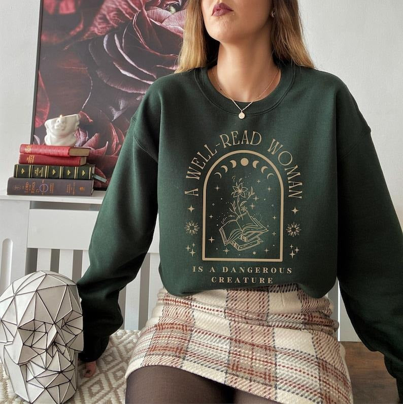 A Well Read Woman Bookish Sweatshirt Book Sweatshirt Reading Sweatshirt Literature Shirt Librarian Shirt Bookish Crewneck Celestial Sweater
