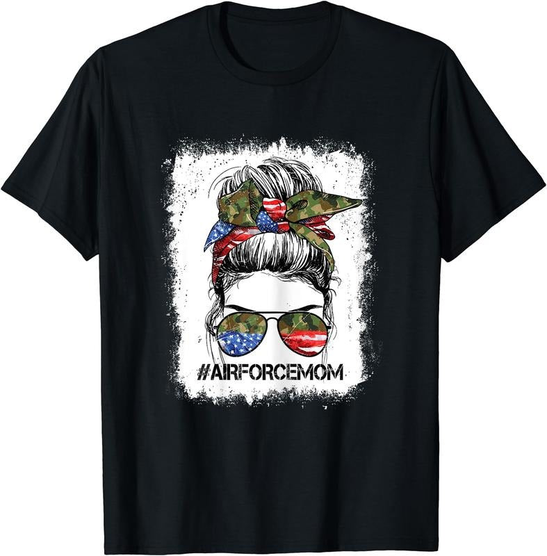 All American Airforce Mom Messy Bun US Flag 4th Of July T-Shirt | Unisex Cotton Tee Gift, Crewneck, Short Sleeve