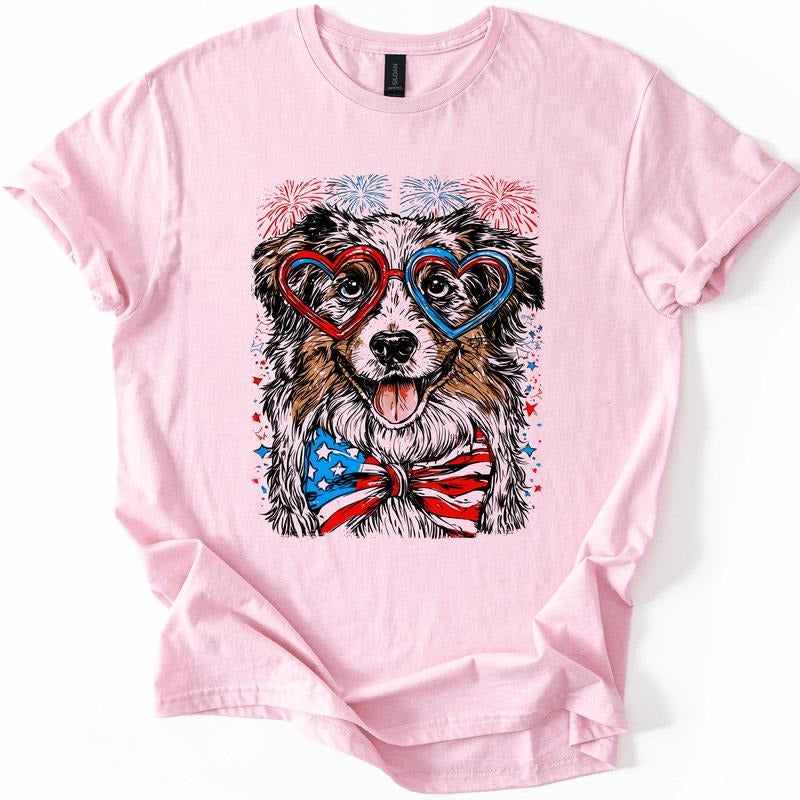 Australian Shepherd Patriotic Dog, USA, America, Pet Lover, 4th of July, Soft Style T-Shirt, Soft Style Tee, Women's Graphic Tshirt