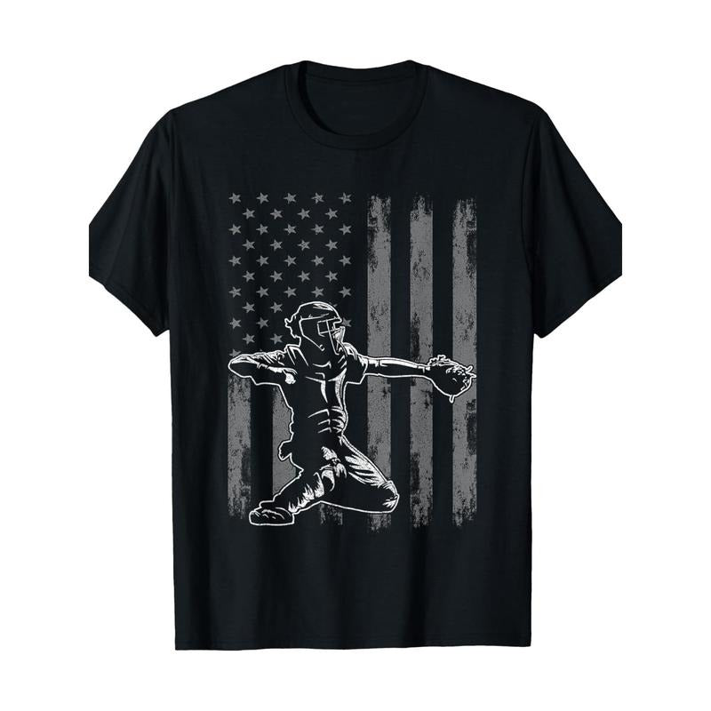 Baseball Catcher Shirt For Boys Men, Baseball USA Flag T-Shirt-220g 100% Cotton made in usa