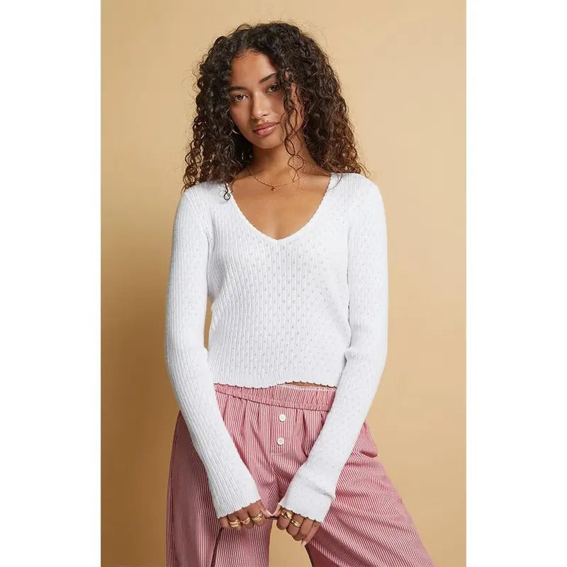 Beverly and Beck Women's Mona Pointelle V-Neck Sweater