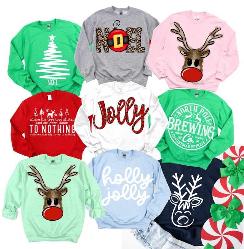 Bright Christmas Sweatshirt Noel Fun Christmas Pullover Holiday Jolly PUllover Santa and Reindeer Holly Sweatshirt Comfort Fabric Menswear Top