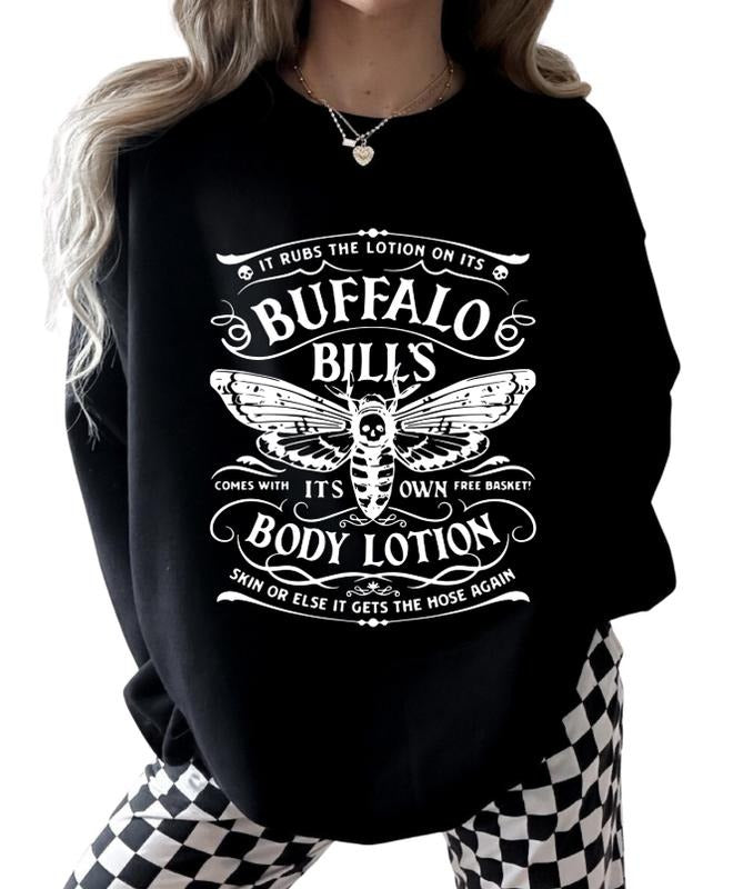 Buffalo Bill Sweatshirt - Blue Fleece Hoodie with Butterfly Graphic Design, Featuring "It RUBS THE LOTION" Text, Long Sleeve, Casual Style Sweathsirt