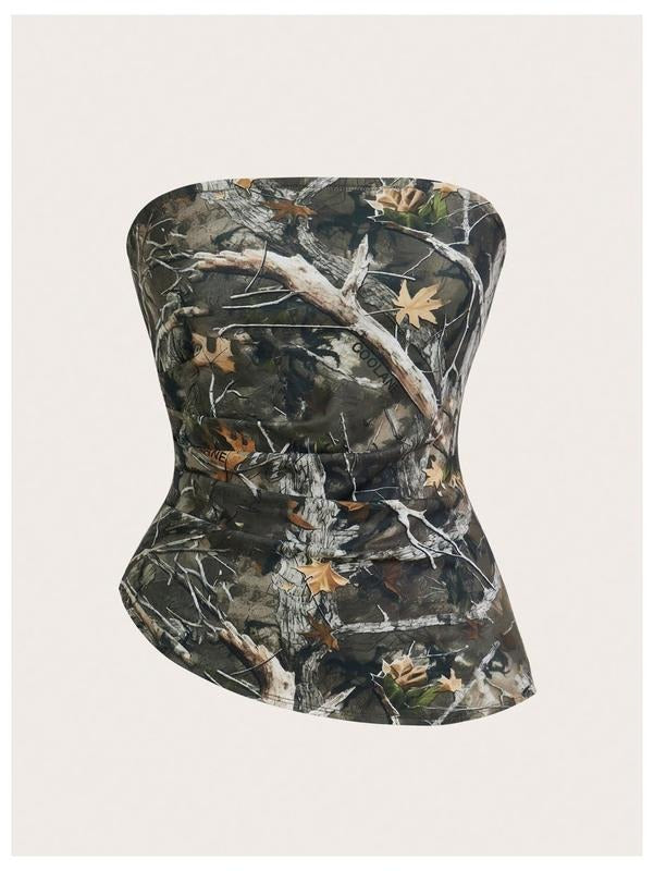 Camo Strapless Tube Top Sleeveless Ruched Asymmetrical Bandeau Top rave outfits