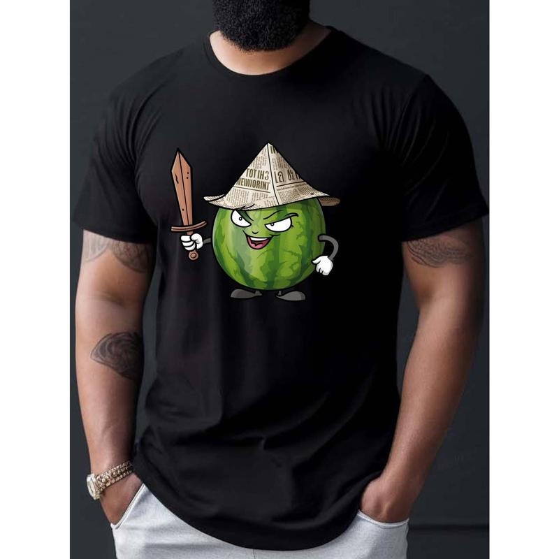 Cartoon Of A Watermelon Print Tee Shirt, Tees For Men, Casual Short Sleeve T-shirt For Summer made in usa