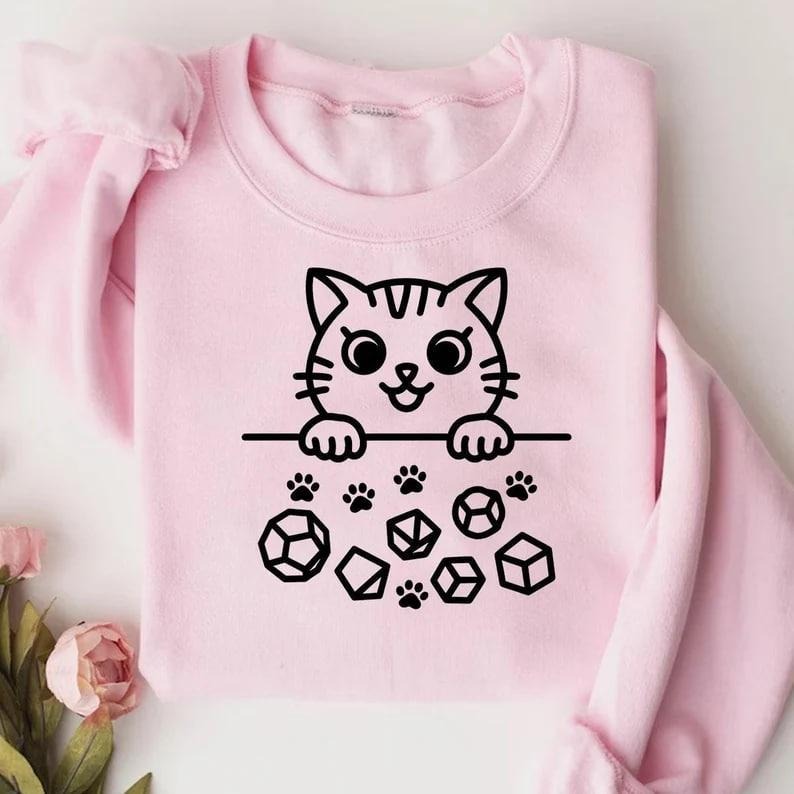 Cat Throwing Dice T-shirt, Dungeon Master Sweatshirt Hoodie, Dungeons and Dragons Shirt, RPG Game Shirt, Tabletop Games, DnD Shirt