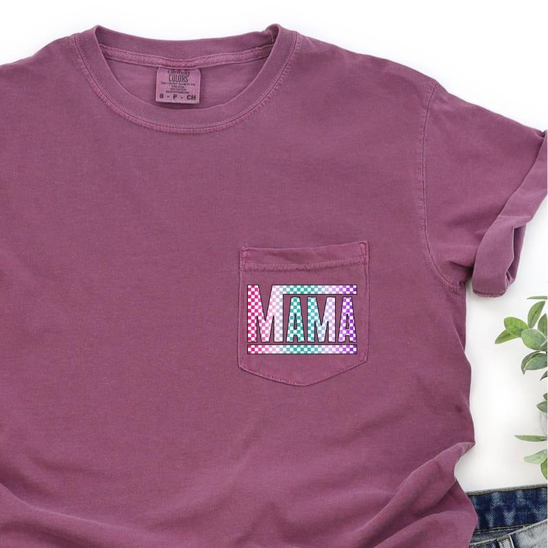 Checkered Mama, Colorful, Retro, Pocket Tee, Women's Comfort Colors Tee