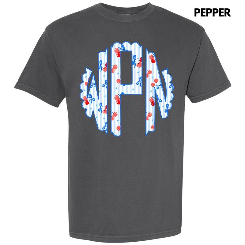 Cherry Stripe Monogram Comfort Colors T-Shirt 'NLB'