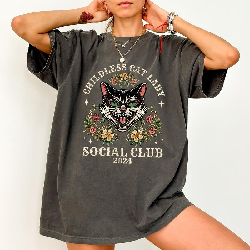 Childless Cat Ladies Shirt, Feminist Graphic Printed Tee, Childfree by Choice Tee, Childless Millennial Shirt, Crazy Cat Ladies Shirt, Feminism Gift, Comfy Fabric Graphic Tee, Women's Tops, Cotton Fabric Relaxed Fit Chic Style