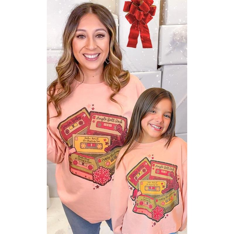 Christmas Cassettes Graphic Boyfriend Long Sleeve T-Shirtstyle{n002}2