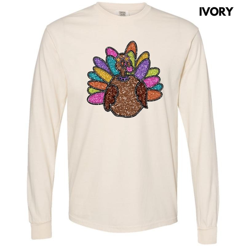 Colorful Turkey FAKE Glitter Long Sleeve Comfort Colors T-Shirt 'NLB'