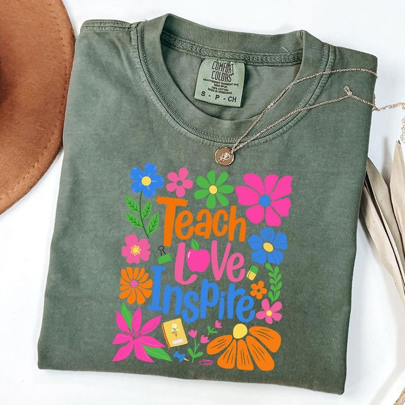 Comfort Colors Boho Floral Teacher Shirt, Teach Love Inspire Tee, Back To School Shirt, Teacher Appreciation T-Shirt, Gift For Teacher