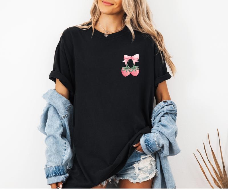 Comfort Colors Coquette Strawberry Bow Tee Shirt - Short Sleeve Crew Neck Top for Women's Summer Casual Womenswear