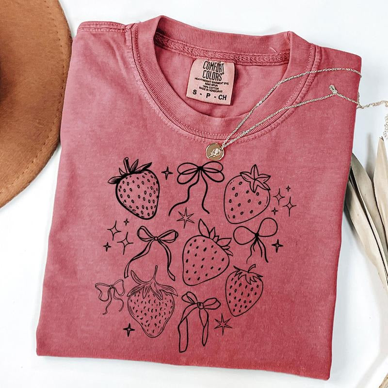 Comfort Colors Strawberry Bow Tee, Strawberry Festival T-Shirt, Summer Vibes Shirt, Strawberry Lover Gift