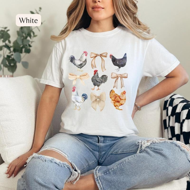 Coquette Chicken T-Shirt, Chicken Lady Graphic Tee Everyday Casual Comfy Womenswear Cute Top