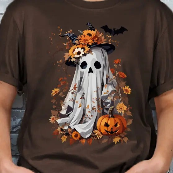 Fall Halloween Floral Ghost with Pumpkin T-shirt - Unisex Crew Neck Short Sleeve Casual Tee for Women & Men All Seasons Comfortable Poly/Cotton Blend Top
