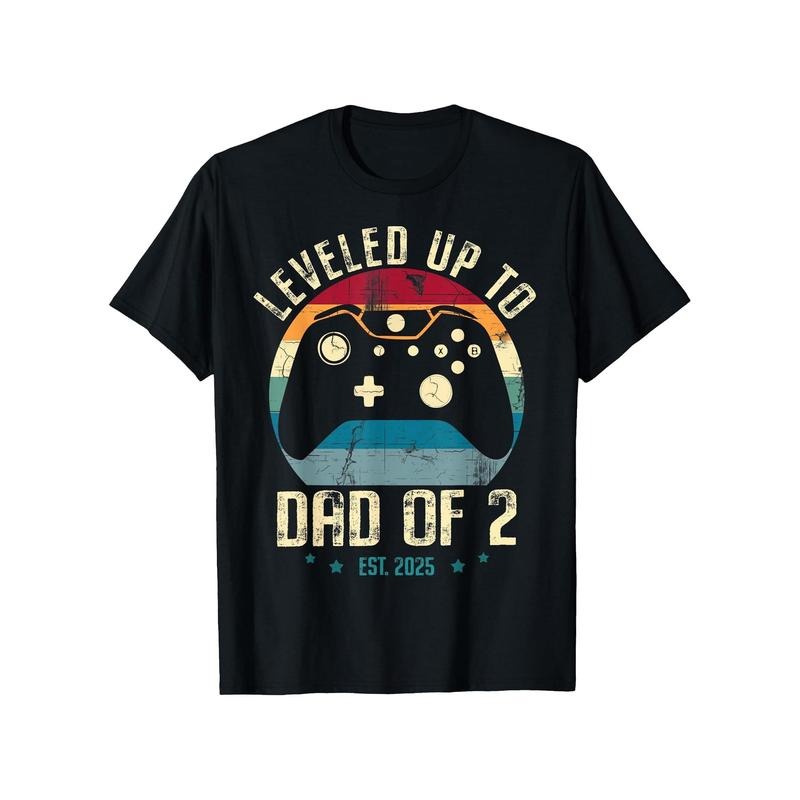 Cotton Gamer Dad T-Shirt, Casual Crew Neck, Slight Stretch, Geometric Pattern, Knit Fabric, Regular Fit, with "Leveled Up to Dad of 2 Est. 2025" Print, for Men, Summer Tee made in usa