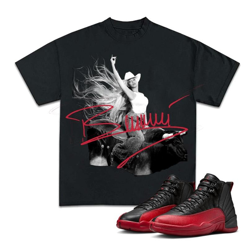 Cowboy Carrter Match 12 Flu Game Sneakers, Unisex Y2K Graphic Tee, Cotton T-shirt, Fitted Crewneck for Streetwear Lovers