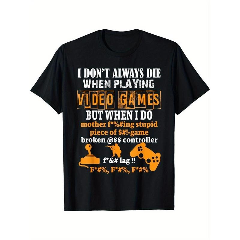 Crew Neck Letter And Game Console Print Men's Fashionable Summer Short Sleeve Sports T-shirt, Comfortable And Versatile Made in USA