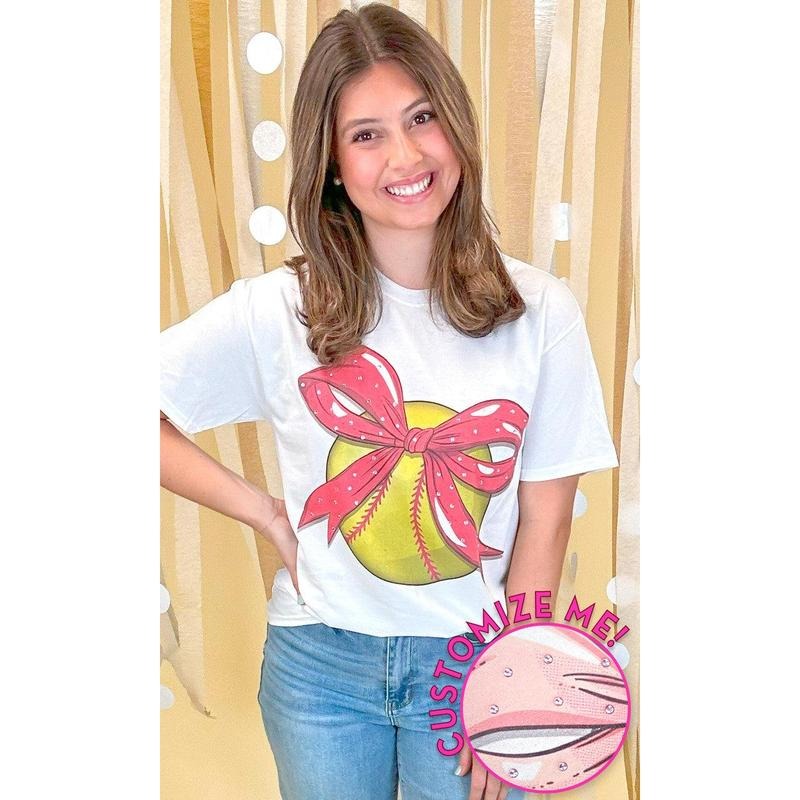 Custom Softball Bow Rhinestone Graphic T-Shirt