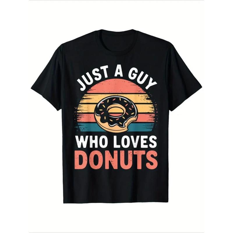 Donut Lover Graphic Tee, 100% Cotton, Casual Crew Neck T-Shirt, Regular Fit, Short Sleeve, with Geometric Donut Print, Slight Stretch, for All-Season Knit Fabric Top, Weekend Casual Style made in usa