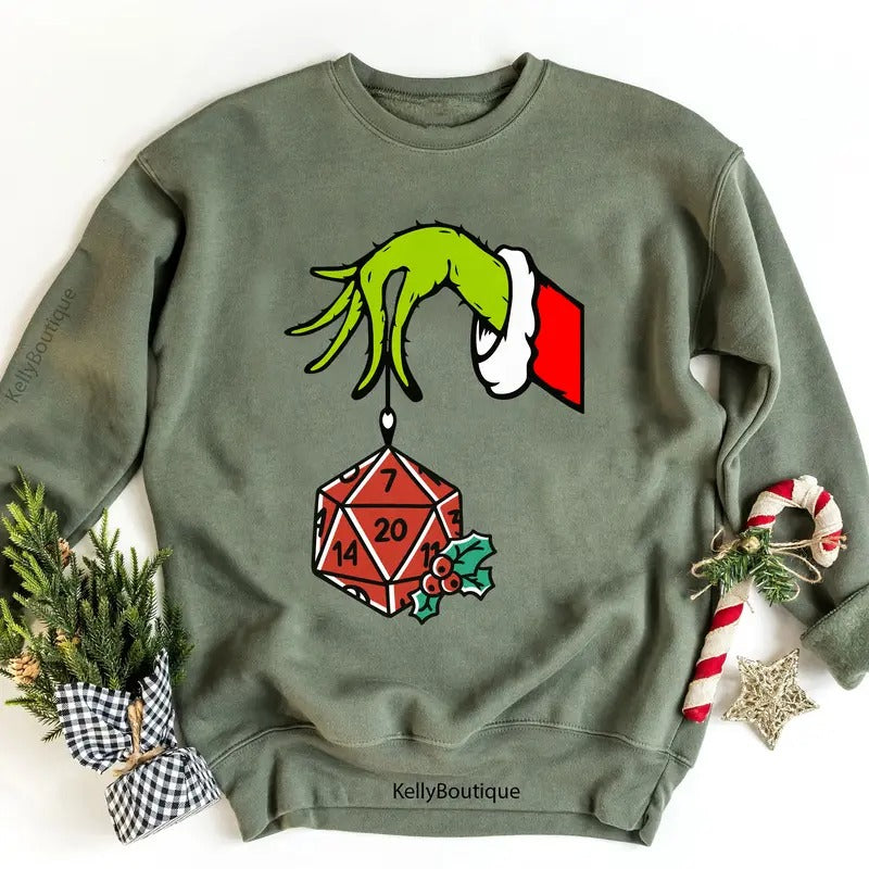 Dungeons and Dragons Christmas The Grin Hand Holding DnD Polyhedral Dice D20 Christmas Season Graphic Printed Unisex Classic Sweatshirt Hoodie
