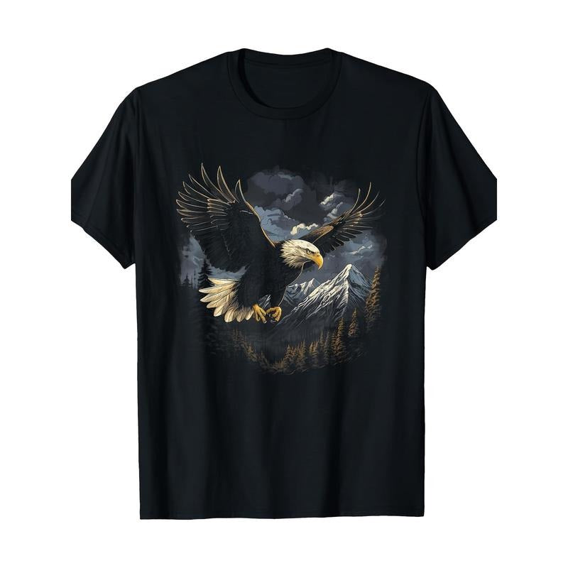 Eagle Graphic T-Shirt, 100% Cotton, Crew Neck, Short Sleeve, Regular Fit, Geometric-Pattern, Slight Stretch, for Casual Wear, Adult Unisex Pullover Made in USA