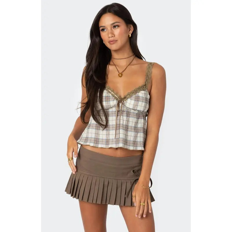Edikted Women's Plaid Lace Trim Tank Top