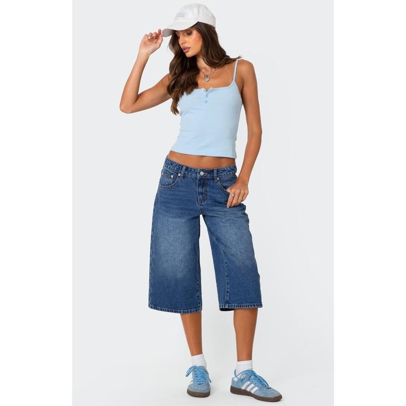 Edikted Women's Xtra Long Low Rise Denim Bermuda Shorts