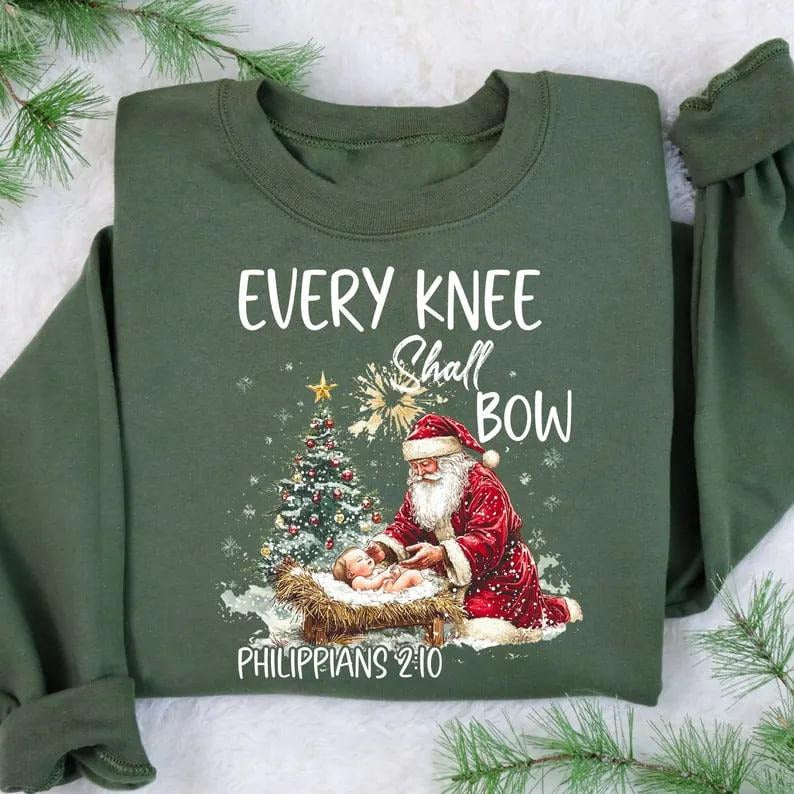 Every Knee Shall Bow Sweatshirt, Nativity Scene Sweater, Santa Claus Christmas Sweatshirt, Kneeling Santa Hoodie, Baby Jesus Sweatshirt