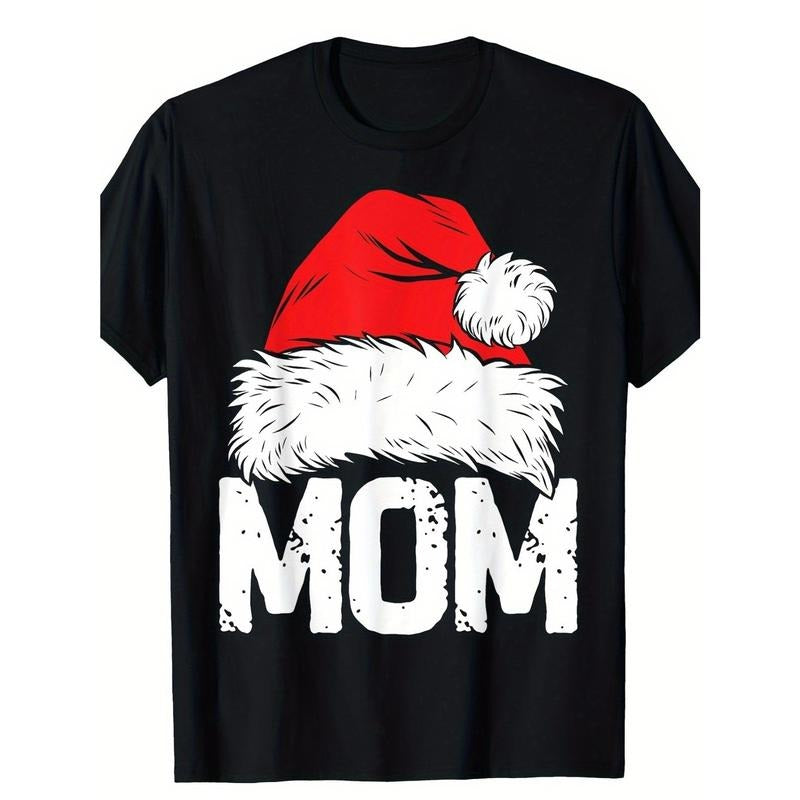 Family Matching Christmas Pajamas - Mom & Youngsters' Santa Print Cotton T-Shirts, Short Sleeve, Crew Neck - Casual Holiday Wear made in usa