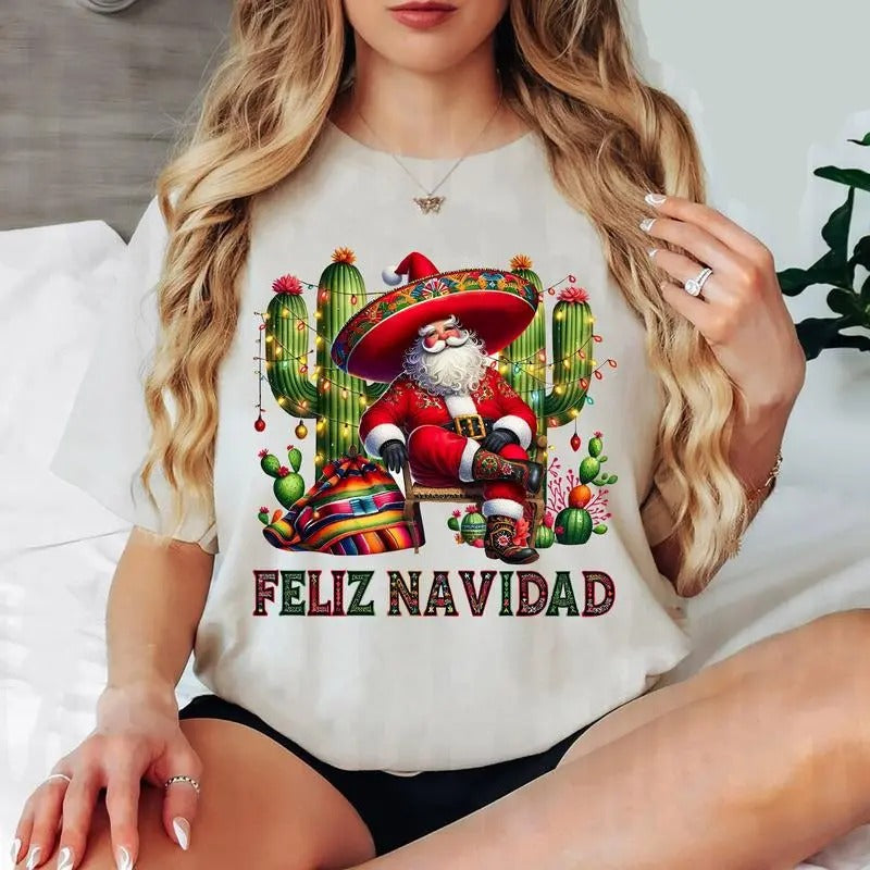 Feliz Navidad Santa With Cactus Sweater , Mexican Christmas Sweater , Merry Christmas Hoodie T-shirt