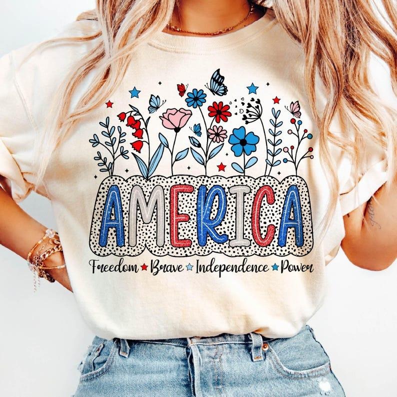 Floral America T-shirt, Floral Brushstroke USA tshirt, Retro America sweatshirt, 4th Of July tshirt, 4th Of July Sublimation Design, Patriotic tshirt, Girly sweathsirt