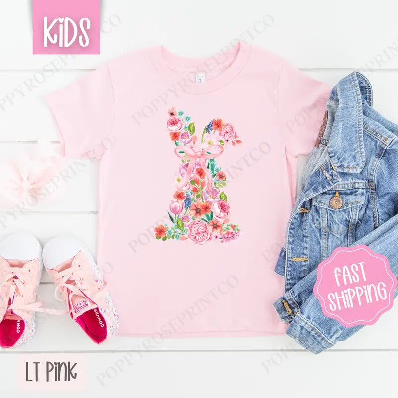Floral Bunny Kids Shirt - Easter Children's Tshirt - Cute Youth Tee Gildan