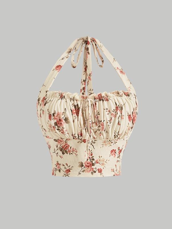Floral Print Cami Crop Tops Halter Ruched Bust Tie Back TopY2K