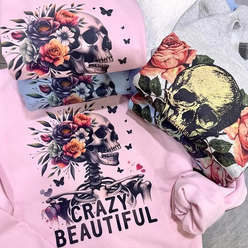 Floral Skull Sweatshirts Flower Skeleton Pullover Girly Skull Sweatshirt Sarcastic Girly Pullover Womens Rocker Hoodie Funny Skeleton Toops Casual Comfort