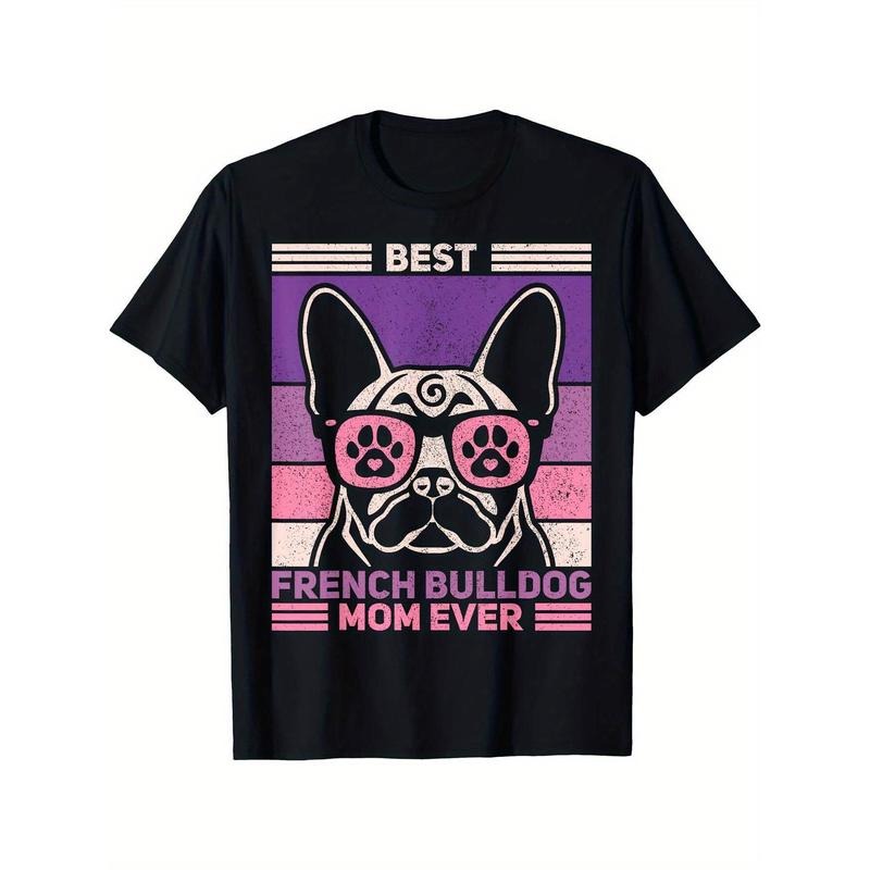 French Bulldog Mom Themed Cotton T-Shirt, Casual Crew Neck, Non-Stretch Knit Fabric, Regular Fit, with Cartoon Dog made in usa