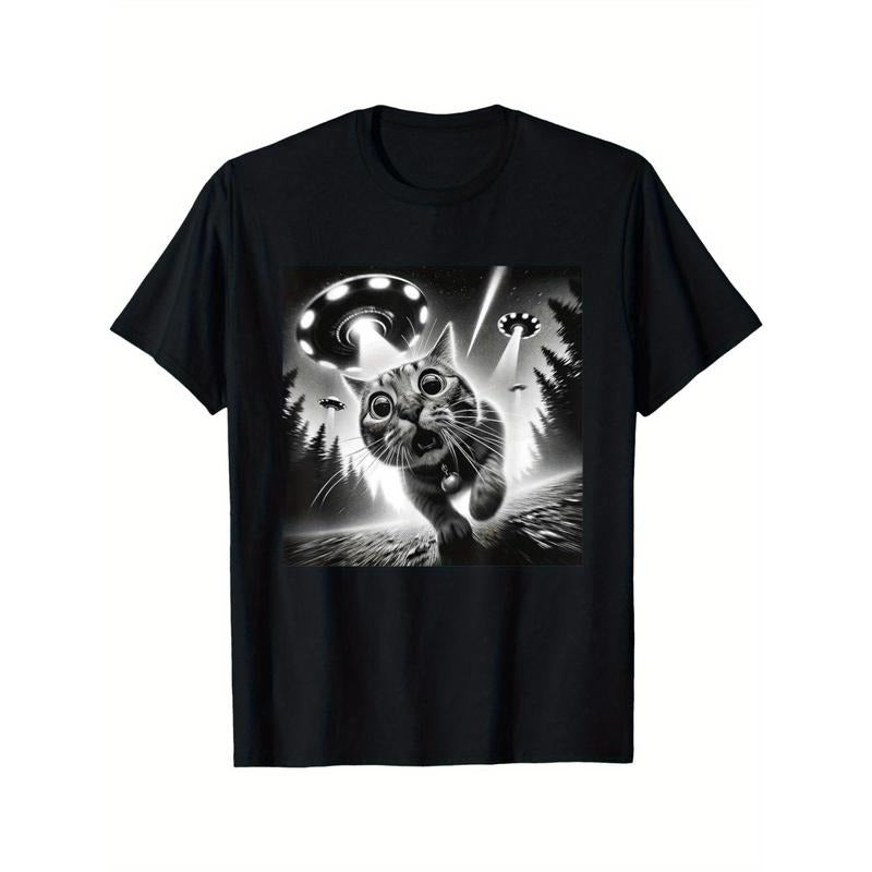 Fun cat UFO print, men's casual short-sleeved round neck cotton T-shirt, breathable and comfortable, suitable for spring and summer made in usa