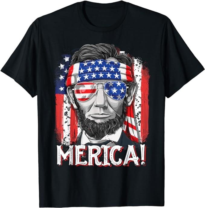 Funny 4th of July Shirts For Men, Lincoln 4th Of July Merica Abe American Flag T-Shirt Menswear Top