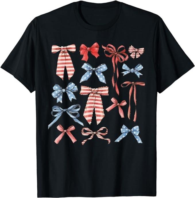 Funny 4th of July Shirts For Women, Red White And Blue American Coquette Bows Funny 4th Of July T-Shirt Top Casual Cotton Smooth Womenswear