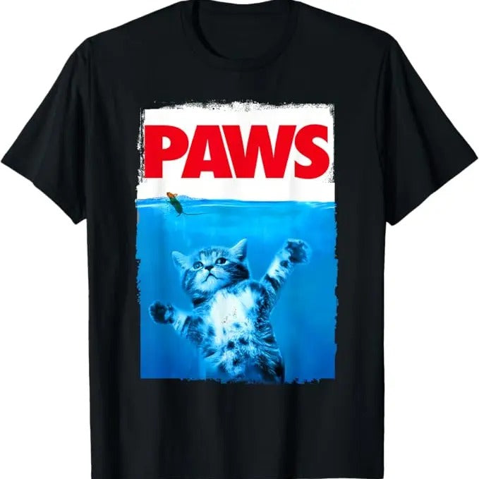 Funny Cat Shirt, Paws Cat and Mouse Top, Cute Funny Cat Lover Parody T-Shirt - Casual Basic Smooth