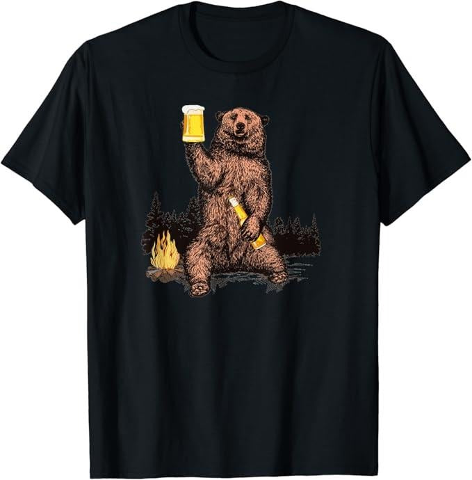 Funny Drinking Shirts, Beer Camp Fire Woods Outdoor Funny Grizzly T-Shirt Menswear Top | Funny Shirts For Night Out Casual Classic