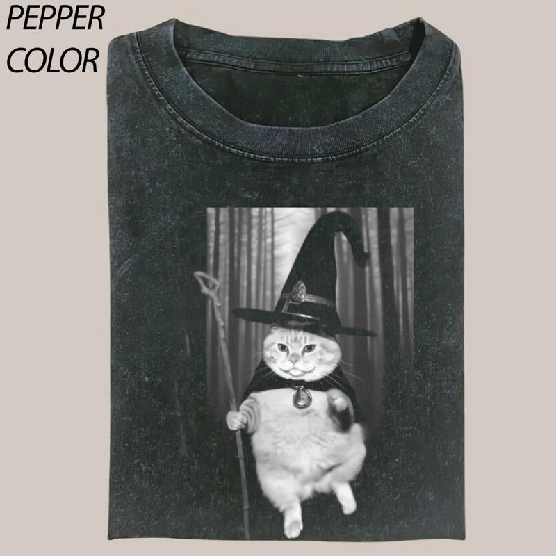Funny Magic Wizard Cat Vintage Graphic T-shirt, Cute Witch Cat Tee, Cat Lover Unisex T-Shirt, 90's Style Streetwear Graphic Gift For Men Women