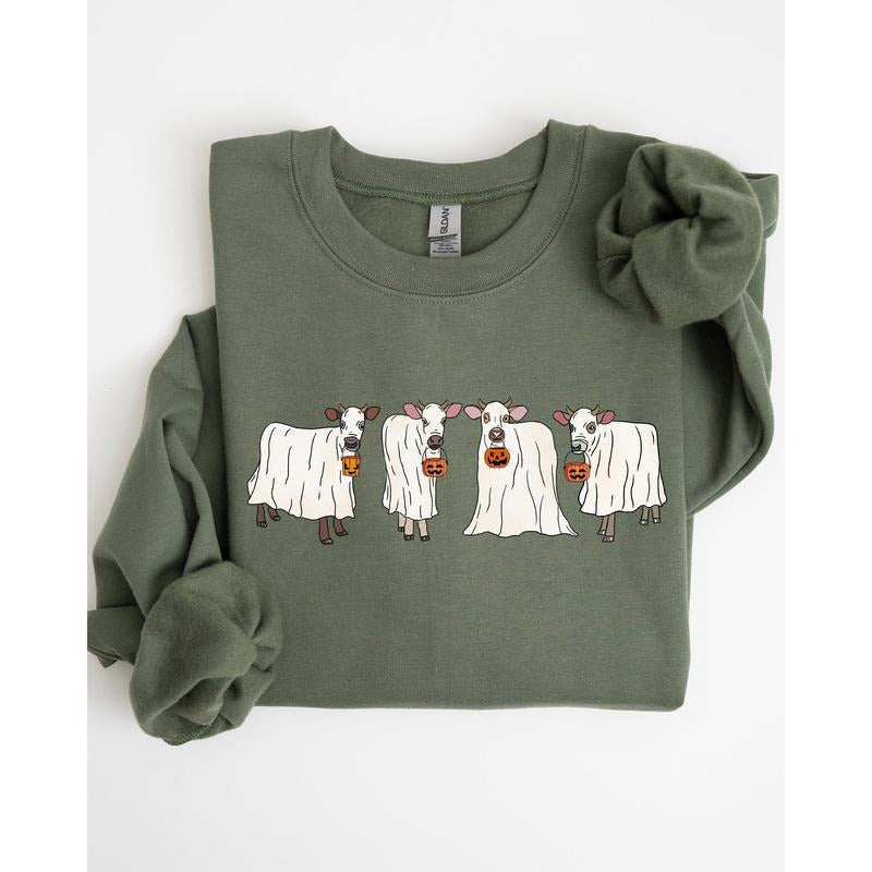 Ghost Cows, Farm, Skeleton, Funny, Spooky, Witch, Aesthetic, Meme, Halloween, Costume Sweatshirt