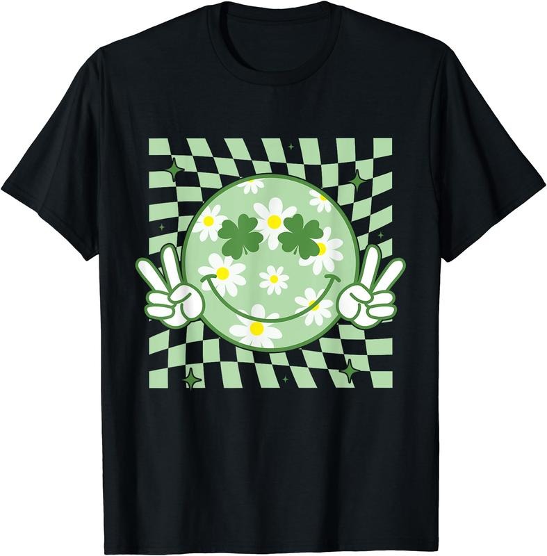 Groovy Shamrock Smile Face St Patricks Day Men Funny T-Shirt | Unisex Cotton Tee, Short Sleeve, Crewneck, Size S-5XL