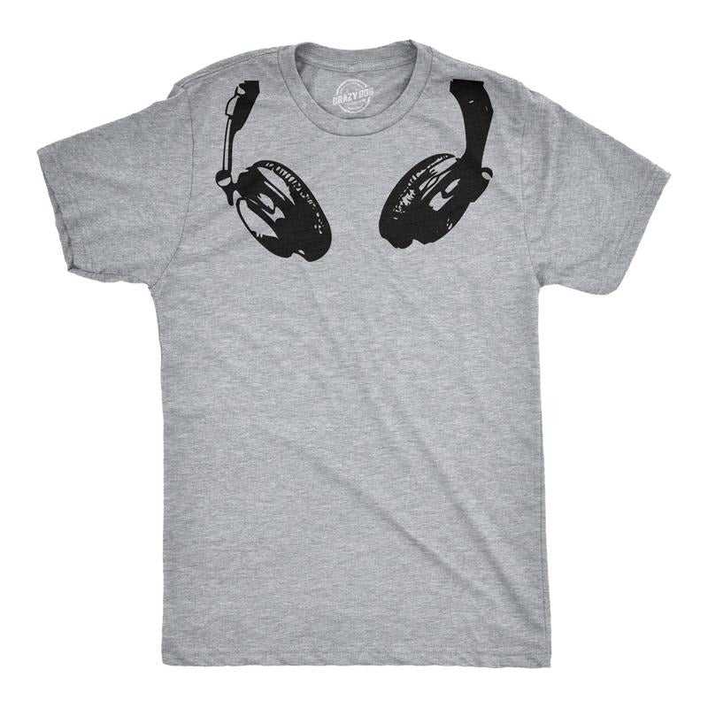 Headphones Around The Neck T Shirt Cool Music Rock and Roll DJ Tee Mens Funny T Shirts Cool Tees Soft Stylish Casual Menswear Funny Light Grey