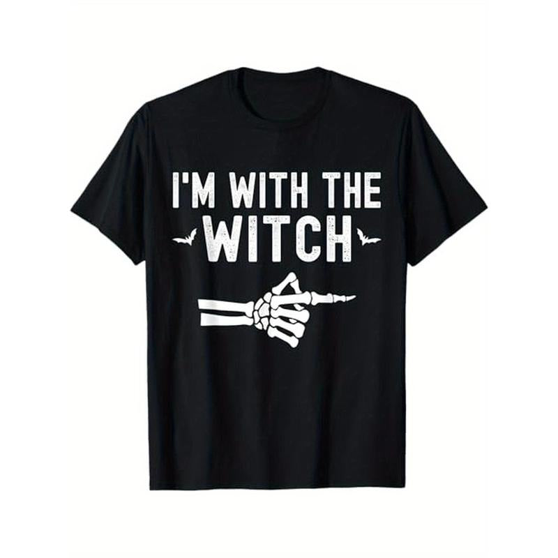 I'm With The Witch Funny Skeleton Halloween Matching Couple T-Shirt, 100% Cotton, Halloween Thanksgiving Christmas Gift for Men Women Dad Mom Friends, S-XXXL, Black made in usa