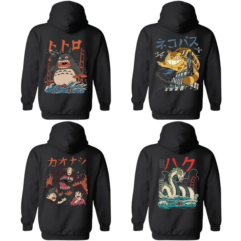 Japanese Anime Kaiju Hoodie - Catbus, Haku, No-Face & Totoro Monster Design, Ghibli Inspired Retro Urban Style Unisex Pullover Classic Cotton